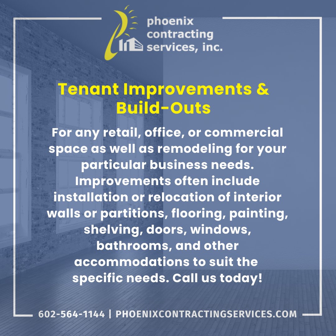 phxcontracting's tweet image. Need a fresh look for your retail, office, or commercial space? We specialize in remodeling tailored to your business needs. Let’s transform your space to fit you perfectly. Call us today!

602-564-1144

#tenantimprovements #buildouts #contractor #contracting #phoenix #arizona