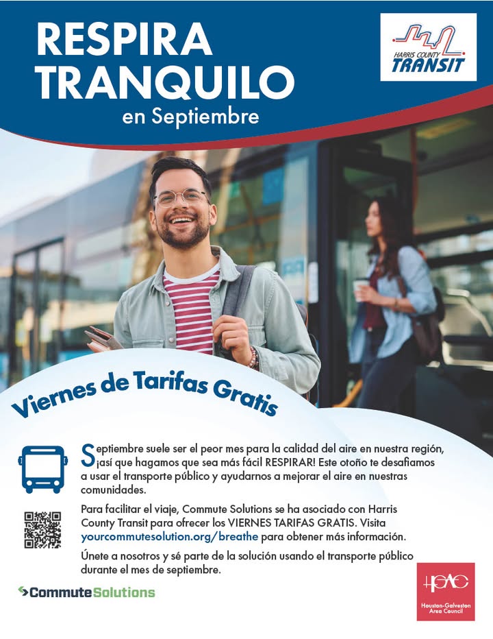 Harris County Housing & Community Development (@hchousingdev) on Twitter photo FREE Fare Fridays are here!
September is the toughest month for air quality in our region. Let’s work together to make it easier to BREATHE!
🚍 Every Friday in September, all rides on Harris County Transit are FREE as part of Free Fare Fridays, in partnership with H-GAC Commute FREE Fare Fridays are here!
September is the toughest month for air quality in our region. Let’s work together to make it easier to BREATHE!
🚍 Every Friday in September, all rides on Harris County Transit are FREE as part of Free Fare Fridays, in partnership with H-GAC Commute