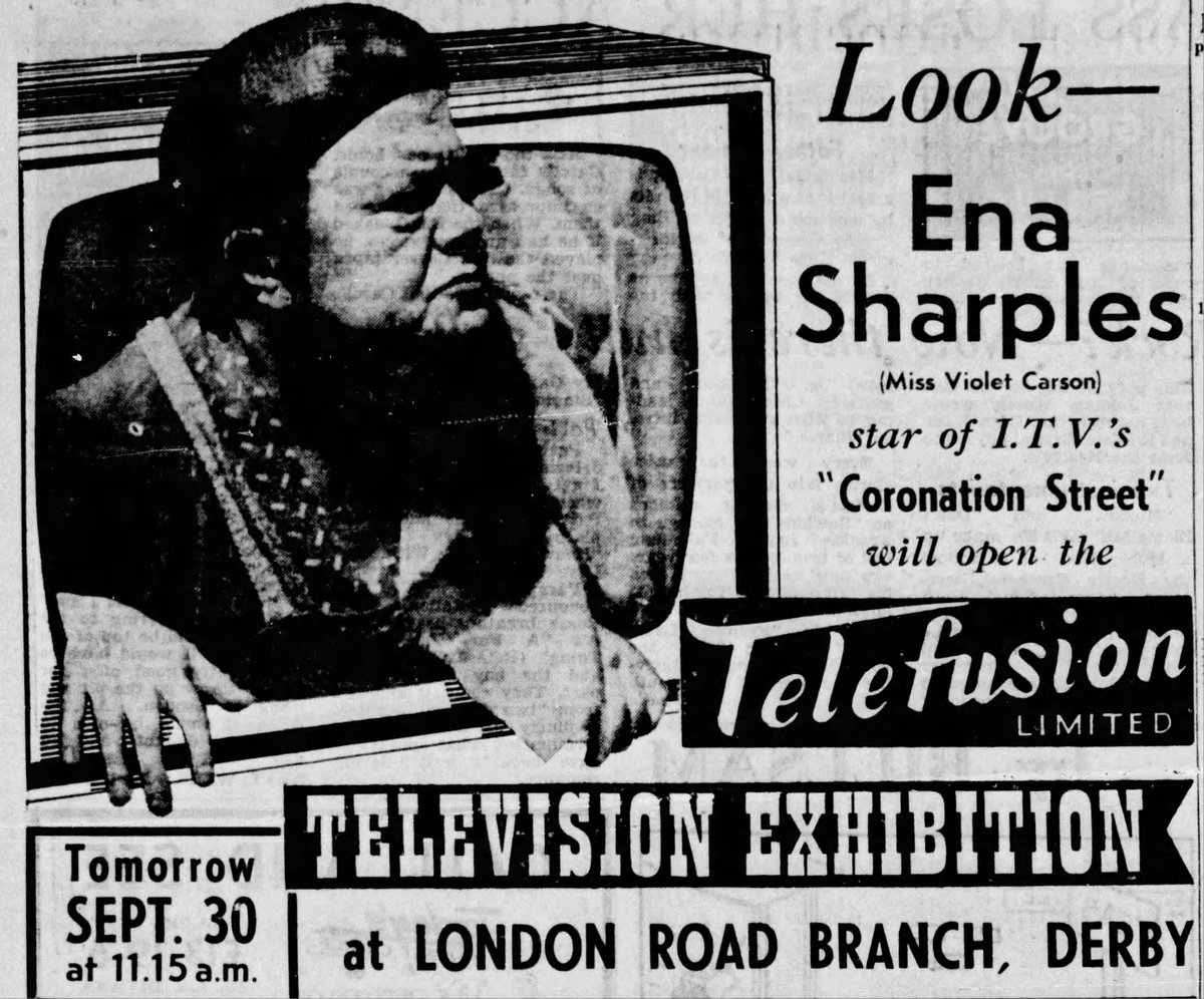TvDidYouSee's tweet photo. #OnThisDay 30 September 1961
Hurry yourself along to the Television Exhibition at Telefusion's London Road Branch in Derby to catch ENA SHARPLES (Miss Violet Carson) star of I.T.V.'s CORONATION STREET.
#VioletCarson #CoronationStreet https://t.co/GU3a75ZZk1