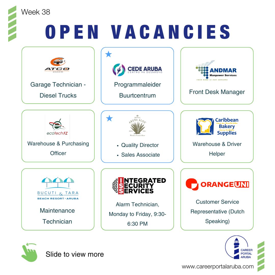 CPAruba's tweet image. 🚀 New opportunities are up! New vacancies are available NOW! #Week38 Check them out on our website!
To learn more, head over to: cpa.aw/vacancies and get started today!

#vacancies #careerportalaruba #jobs #aruba #careers #arubajobs