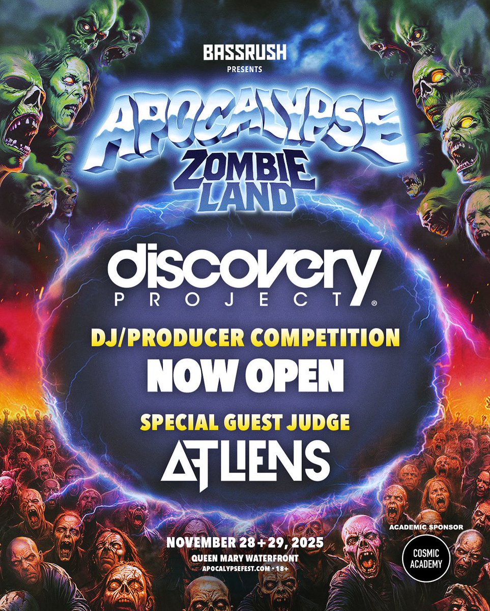 discoveryprjct's tweet image. Know a DJ/Producer who deserves a shot to play @apocalypsefest? 🧟‍♂️☣️ TAG them below!

Submissions for the 2025 Apocalypse Zombieland #DiscoveryProject with special guest judge @ATLiensOfficial, are NOW OPEN!
