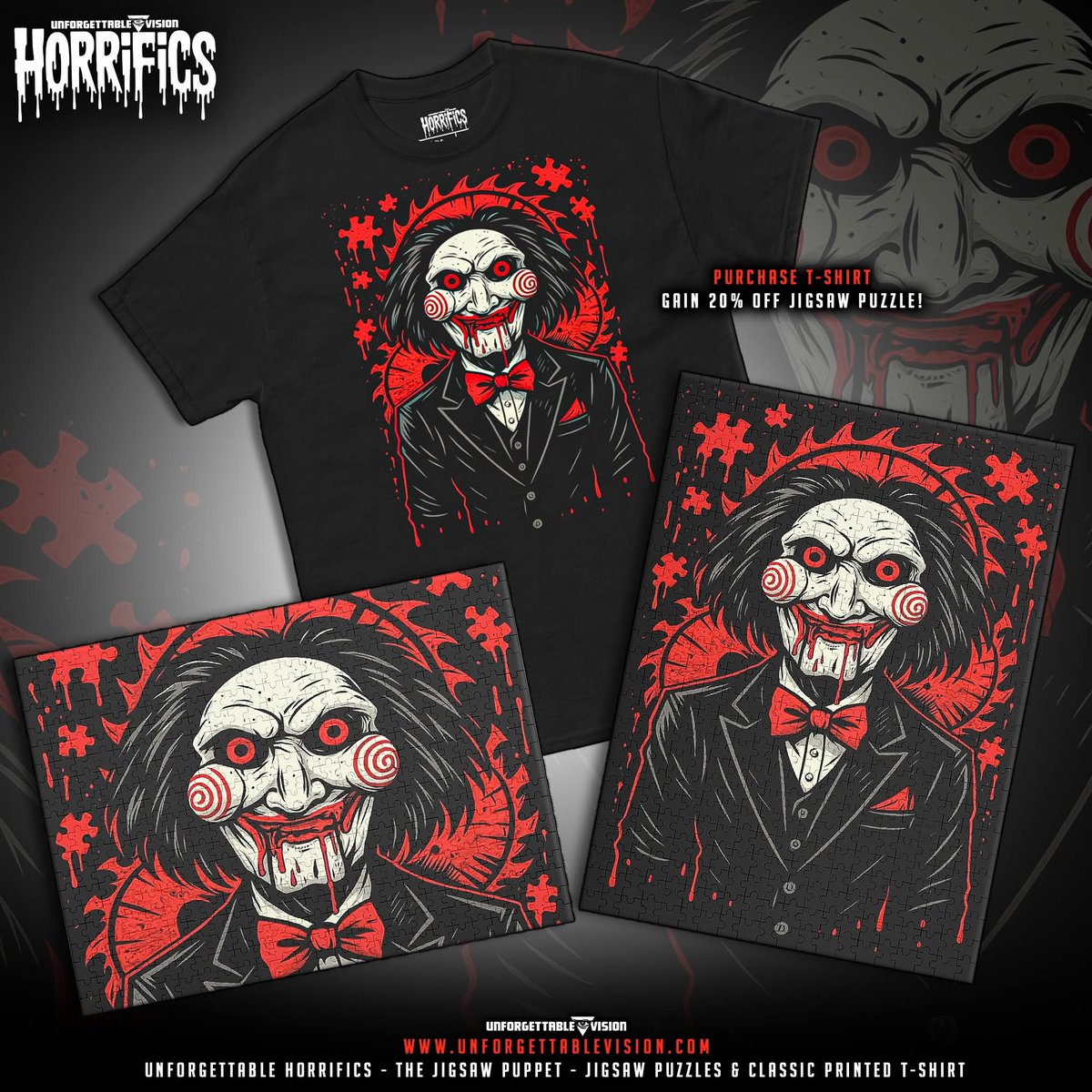 UVProducts's tweet photo. It's time to play a little game with the horrific "Jigsaw Puppet" who is giving you 20% discount off any jigsaw puzzle product when you order his premium t-shirt that is available with worldwide shipping!🧩🍥🩸

https://t.co/EYU2g4y41e https://t.co/KCnVN9orAw