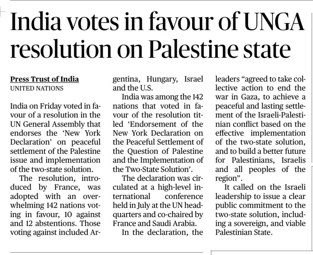 _upsc_focus's tweet photo. India votes in favour of UNGA resolution on palestine state
#IR #Israel #Palestine #UNGAResolution #NewYorkDeclaration #PT #TwoStateSolution #UPSC 
Source: TH https://t.co/lRsUQoqLxz