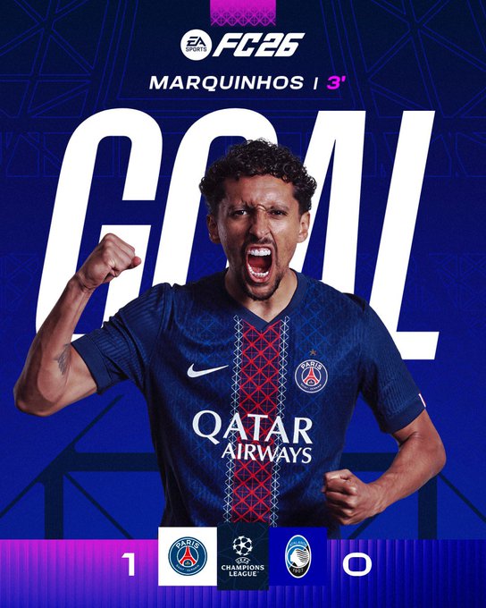Marquinhos wearing a Paris Saint-Germain jersey with QATAR AIRWAYS and PSG logos, raising a fist in celebration. The background is blue with geometric patterns and text reading "GOAL" and "MARQUINHOS I 3'". A scoreline shows Paris Saint-Germain 1, another team 0, with the Champions League logo.