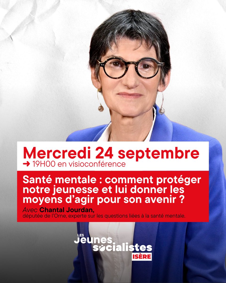 🗓️ Mercredi 24 septembre – 19h00
📲 En visioconférence

Santé mentale : comment protéger notre jeunesse et lui donner les moyens d’agir pour son avenir ?

Avec <a href="/ChantalJourdan/">Chantal JOURDAN</a>, députée de l’Orne.