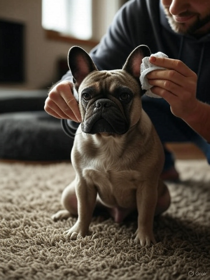 Frenchiebuds's tweet photo. Ear infection prevention routine. Fill with vet‑safe cleaner, massage 10s, let shake, wipe outer ear only; no deep swabs or Q‑tips. #FrenchBulldog #Frenchie #DogGrooming https://t.co/wiQ9LZsg95