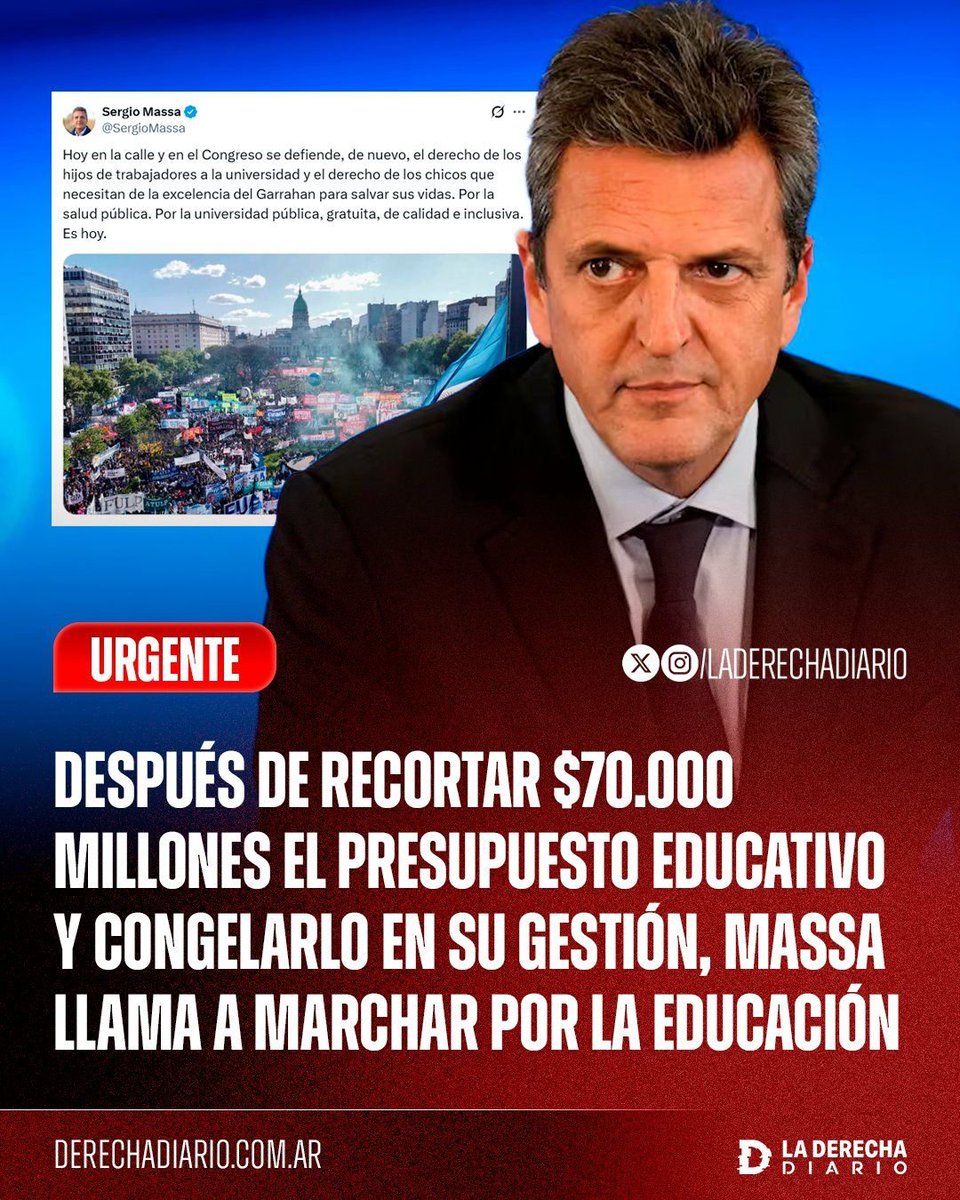 mediceneljefe's tweet photo. CARADURA: "Ventajita" recortó $70.000 millones en educación apenas asumió en Economía y lo congeló durante toda su gestión. Ahora, el mismo kirchnerista convoca a marchar "por la universidad pública, gratuita e inclusiva". La hipocresía también debería tener cupo. https://t.co/YgY0nTPhc5