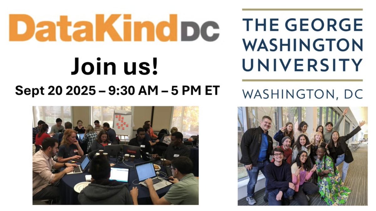 DataKind's tweet image. Join #DataKindDC + GWU on Sat., Sept. 20, from 9:30 AM–5 PM for a free in-person #DataDive event at GWU’s Student Center. Partner with #nonprofits. Dive into real data projects. Make an impact. All experience levels welcome! meetup.com/datakind-dc/ev…
#DataKind #DataForGood #DCEvent