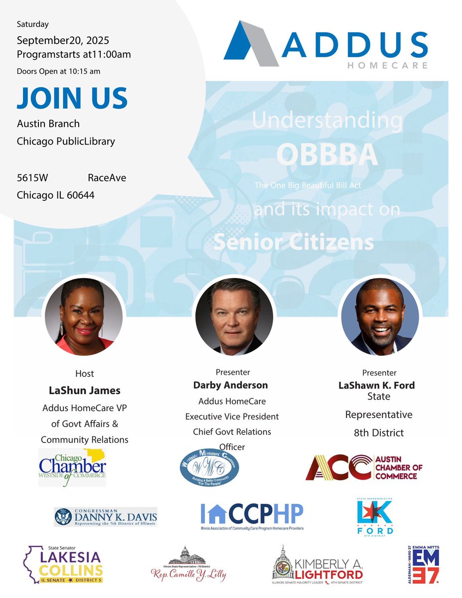 📣 Join us Sept 20 at 11AM at the Austin Branch Library (Chicago) for a community town hall on the OBBBA Act &amp; its impact on senior citizens. Hosted by Addus HomeCare w/ Rep. LaShawn Ford &amp; more!
#Chicago #SeniorCare #OBBBA