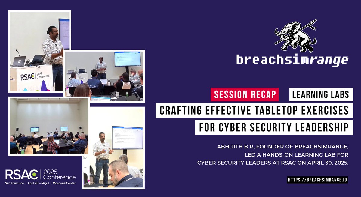 Throwback to #RSAC2025: Crafting Tabletop Exercises

<a href="/abhijithbr/">Abhijith B R</a> led a hands-on learning lab, "Crafting effective TTX for cyber security leadership" at RSA Conference, San Francisco on April 30, 2025.  

Learn more: breachsimrange.io
<a href="/OneRSAC/">RSAC</a> #BreachSimRange