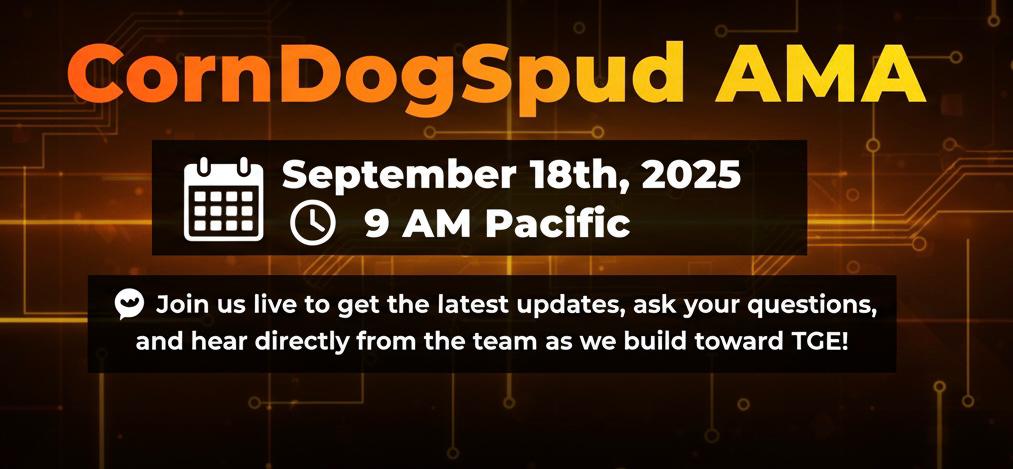 Oracle DEX (@oracle_dex) on Twitter photo π’ CornDogSpud AMA Live Tomorrow! 
π’Get ready, #CornDogSpud Army! π
Join us for a can't-miss AMA session tomorrow where we'll be dropping some MAJOR good news and talking all things $CDS! π₯
This is your chance to:
-   Hear exclusive updates directly from the team! π€«
- π’ CornDogSpud AMA Live Tomorrow! 
π’Get ready, #CornDogSpud Army! π
Join us for a can't-miss AMA session tomorrow where we'll be dropping some MAJOR good news and talking all things $CDS! π₯
This is your chance to:
-   Hear exclusive updates directly from the team! π€«
-