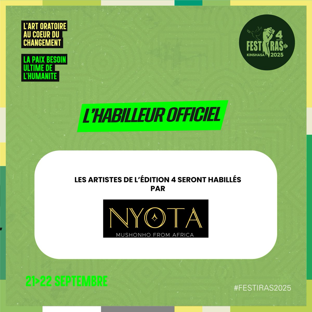 Préparez-vous à découvrir des looks exceptionnels, conçus pour faire briller chaque artiste sur scène. L'élégance, la créativité et le style unique de NYOTA seront au rendez-vous pour cette célébration de la musique et de l'art.

#festiras2025
#festiras4