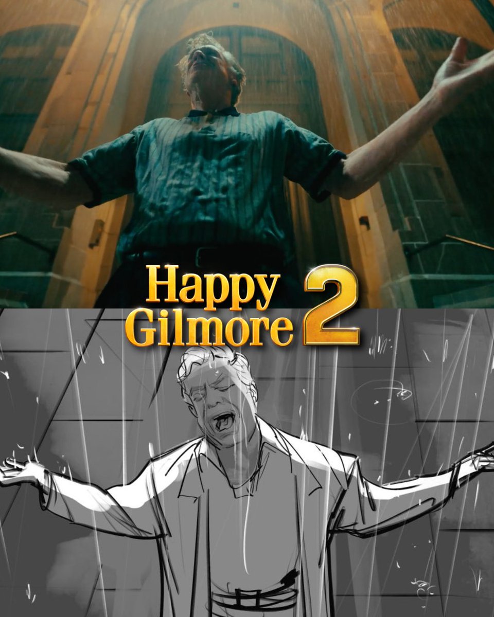 FamousFrames's tweet image. Take a look behind the scenes of the ending of golf comedy #HappyGilmore2, starring Adam Sandler, with these storyboards by Famous Frames artist Charles Ratteray.