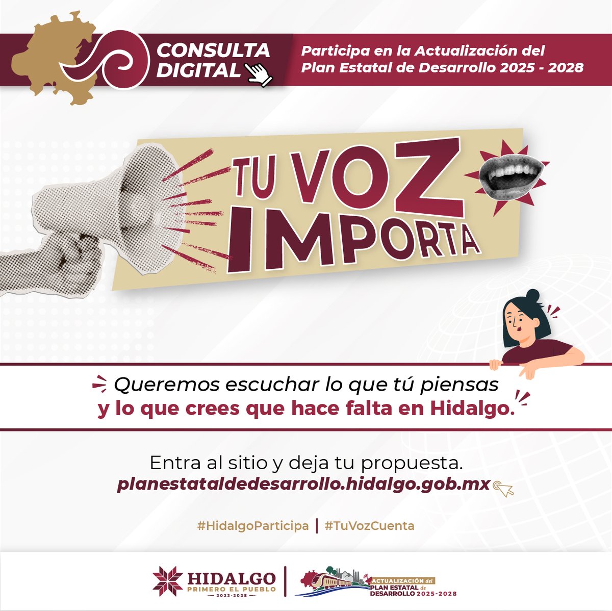 🤝Hidalgo se transforma con la participación de su gente.
💡Comparte tus ideas y construyamos juntos el Plan Estatal de Desarrollo 2025-2028.
Envía tus propuestas en la Consulta Digital 👉 planestataldedesarrollo.hidalgo.gob.mx
#HidalgoParticipa