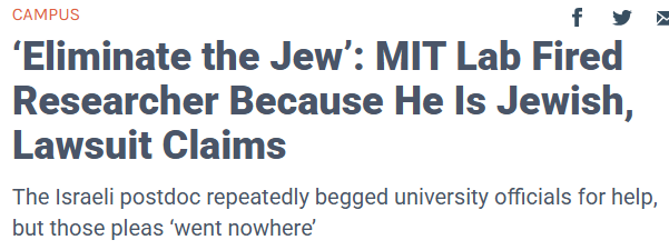 🚨 BREAKING: MIT is being sued for firing a Jewish Israeli postdoc — because he’s Jewish.

According to a federal lawsuit filed by the Brandeis Center:

He was pushed into a wall by masked anti-Israel protesters
Students mocked his wife’s “Jewish nose”
They plotted to sabotage