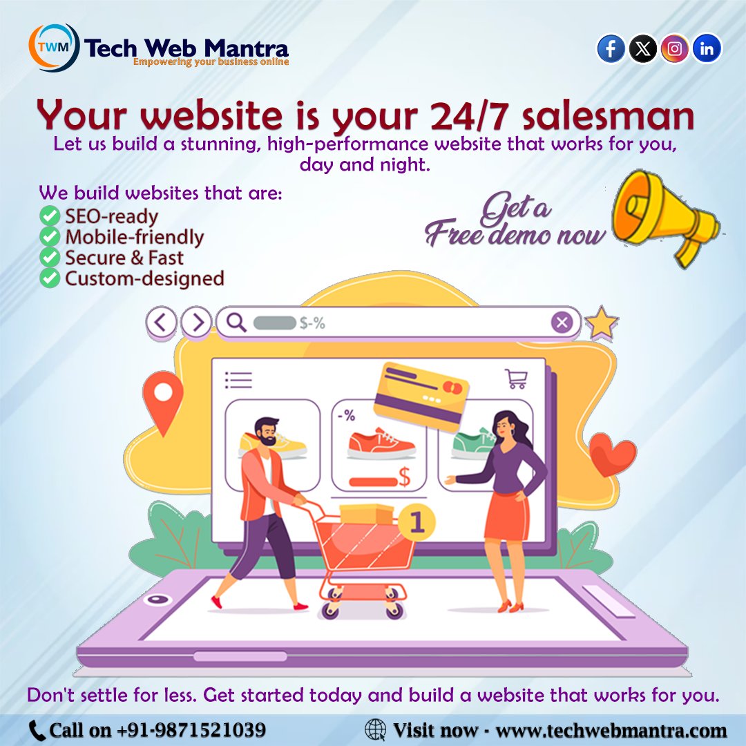 techwebmantra2's tweet image. ๐ Your Website = Your 24/7 Salesman!
At Tech Web Mantra, we build sites that:
โ Attract Customers
โ Boost Sales
โ Grow Your Brand
โ
SEO-Ready | Mobile-Friendly | Secure | E-commerce
๐ +91-9871521039
๐ techwebmantra.com
#WebDesign #GrowOnline