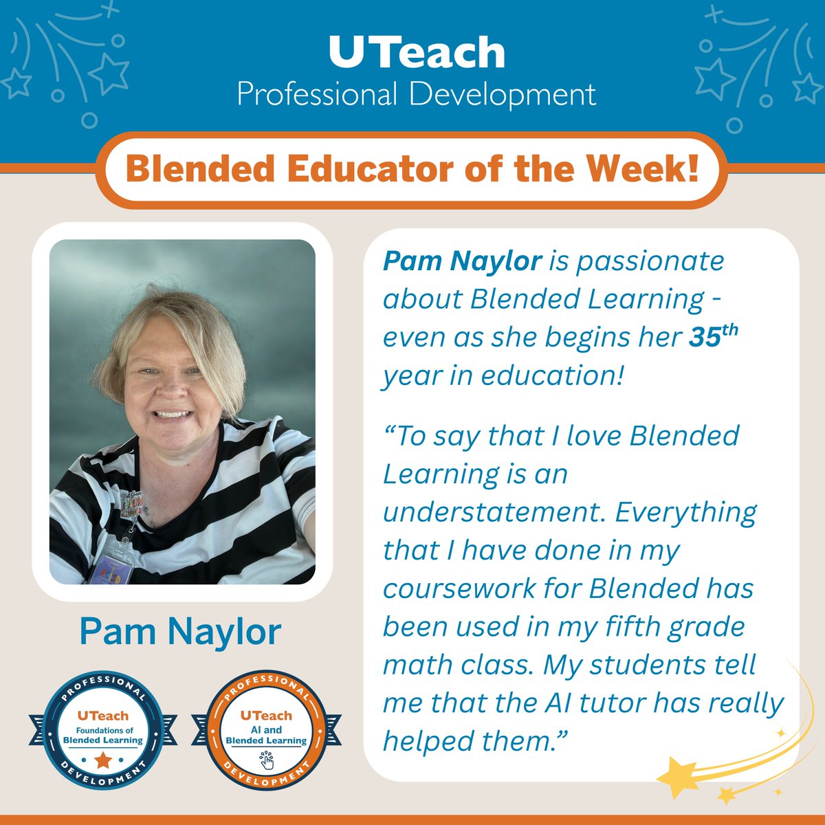 This week’s Blended Learning spotlight: Pam Naylor, 5th grade Math &amp; Science teacher + MCL from Ector County ISD. 
From student-centered teaching to AI-powered playlists, Pam is leading the way in blended learning! 🌟🚀 #UTeachPD #BlendedLearning