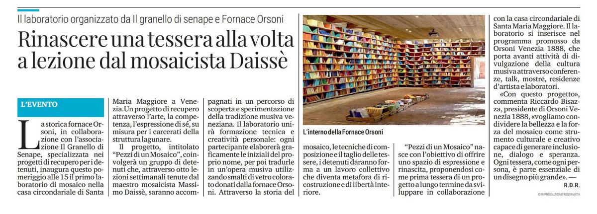 #OrsoniVenezia1888, in collaborazione con l’Associazione Il Granello di Senape, inaugura il primo laboratorio di mosaico all’interno della Casa Circondariale di Santa Maria Maggiore a Venezia.
Un progetto che unisce tradizione musiva, creatività e inclusione sociale.
