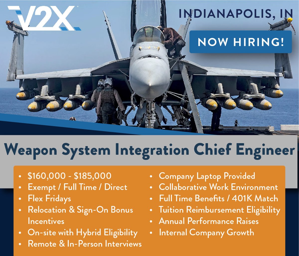 jsfirmEngineer's tweet image. V2X is seeking a Production Chief Engineer within the Weapons System Integration Team in Indianapolis.

✴️ $160,000 - $185,000
✴️ Flex Fridays
✴️ Relocation &amp;amp; Sign-On Bonus Incentives
✴️ Full-Time Benefits / 401K Match

Apply here ➡️ bit.ly/4me1TpN