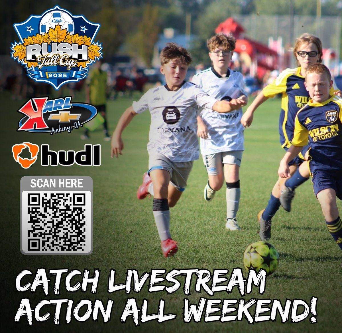 IowaRush_North's tweet photo. π¨ Spread the word! β½οΈ Catch Rush Fall Cup games livestreaming all weekend at Prairie Ridge & Cownie Soccer Complexes, sponsored by Karl Chevrolet! π
Don't miss outβscan the QR code or visit https://t.co/qJOSjXOAzj for access!
#Karl_Chevrolet #IowaRushTournaments #RushFallCup https://t.co/WjERFh4msr