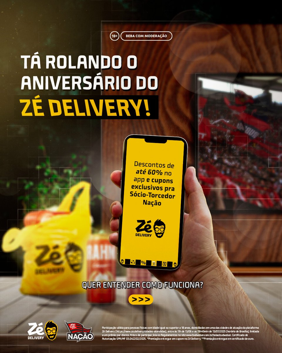 Flamengo's tweet photo. Sócio-Torcedor Nação,
O Zé Delivery faz aniversário e quem ganha é você! 🎉
Até 60% OFF no app, frete grátis para Nação Maraca e 100% do valor da sua mensalidade Nação Sem Fronteiras em cupons no Zé! 🍻

Para aproveitar é simples: basta se cadastrar no app do Zé Delivery com o mesmo e-mail de sócio e selecionar o cupom na hora do pagamento!

#CashbackDoSócio #BebaComModeração
App proibido para menores de 18 anos
#ad #ZéDeliveryFla