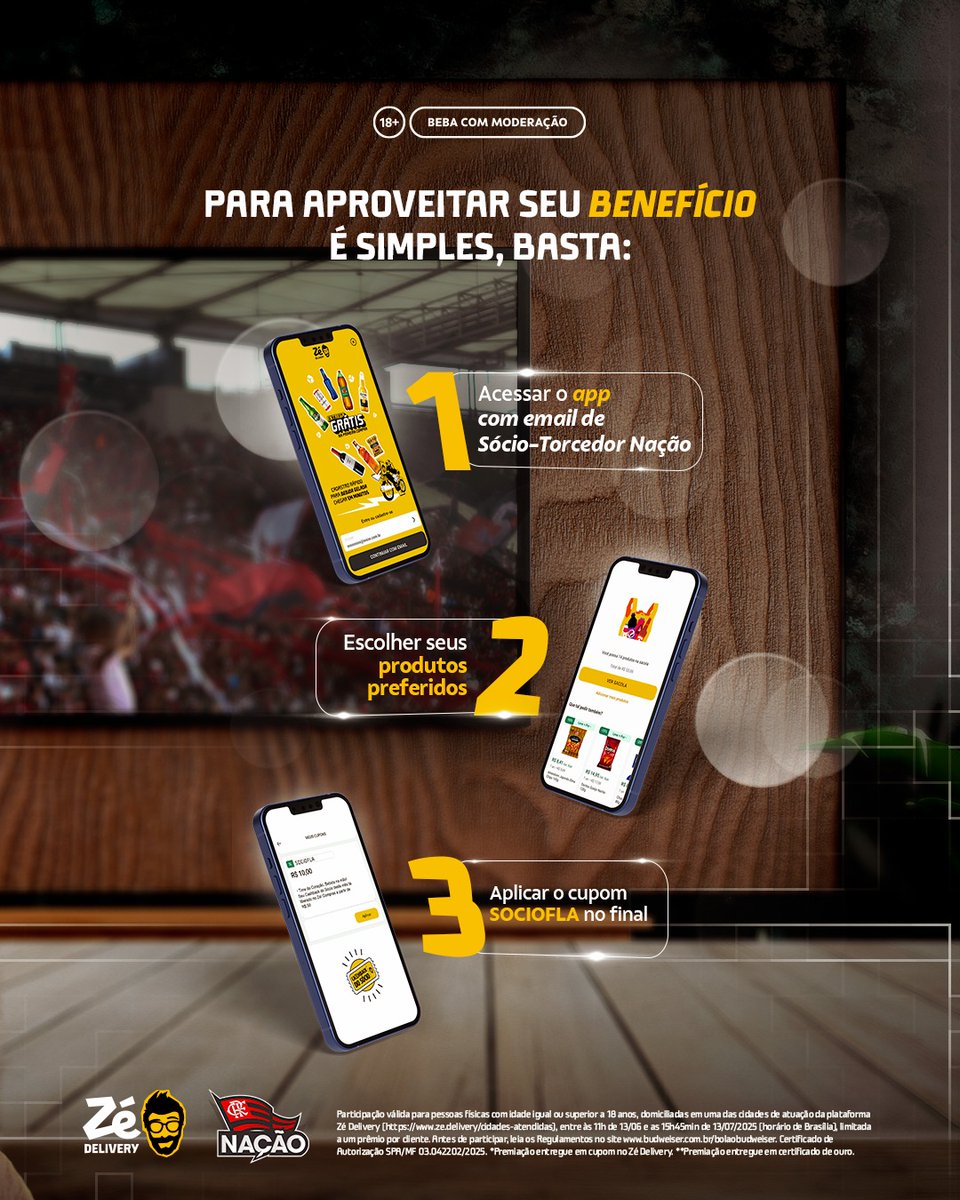 Flamengo's tweet photo. Sócio-Torcedor Nação,
O Zé Delivery faz aniversário e quem ganha é você! 🎉
Até 60% OFF no app, frete grátis para Nação Maraca e 100% do valor da sua mensalidade Nação Sem Fronteiras em cupons no Zé! 🍻

Para aproveitar é simples: basta se cadastrar no app do Zé Delivery com o mesmo e-mail de sócio e selecionar o cupom na hora do pagamento!

#CashbackDoSócio #BebaComModeração
App proibido para menores de 18 anos
#ad #ZéDeliveryFla