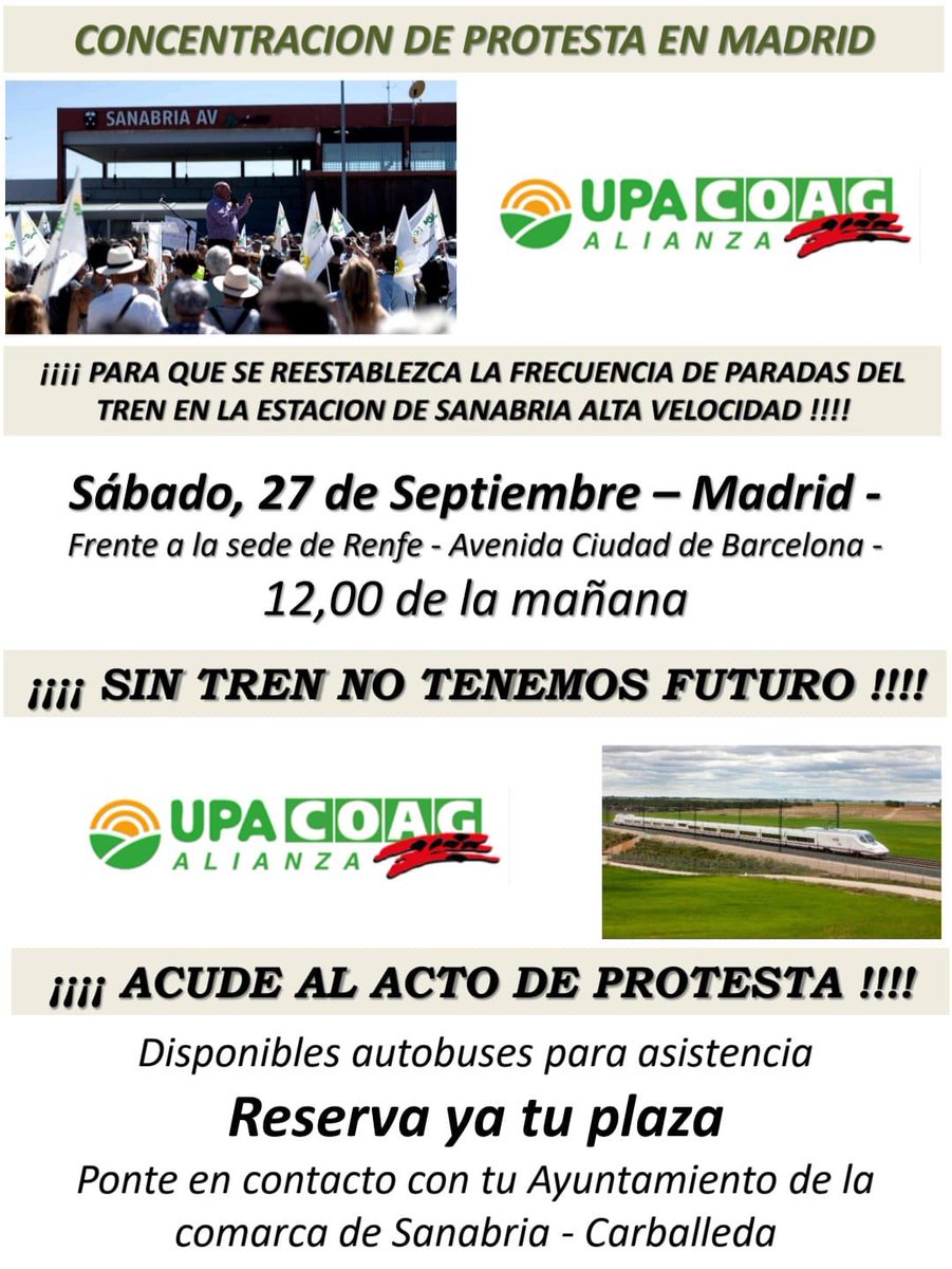 El próximo 27 de septiembre en Madrid hay una nueva concentración en protesta de la supresiones de las paradas del AVE en #Sanabria.

Importante seguir siendo peleones.

¡Lo que pasa en una parte de la provincia, nos afecta a toda la provincia!