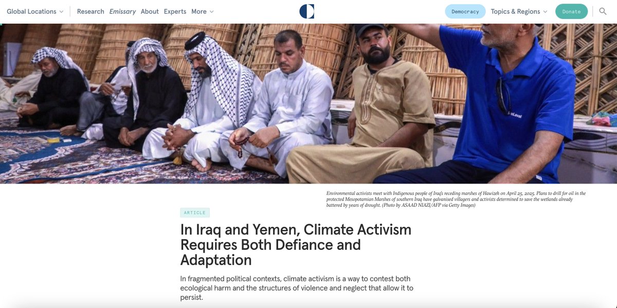 HolmAkhdarC's tweet photo. @CarnegieEndow:
"In fragmented political contexts, climate activism is a way to contest both ecological harm and the structures of violence and neglect that allow it to persist. Despite these challenges, some civil society organizations and researchers are working to reframe the national conversation on climate and environmental governance.

One prominent organization, Holm Akhdar for Environmental Consultancy @HolmAkhdarC, highlighted that more than half of Yemen’s internally displaced people have been forced to adopt harmful coping mechanisms (such as selling livestock or reducing food intake) because of worsening extreme weather. The group called for the establishment of a national disaster response plan and greater international engagement.

Environmental researcher Maha Al-Salehi @maha_salehi has issued similarly ambitious proposals, advocating for the revival of Yemen’s suspended Water Law, modernization of irrigation techniques, and the declaration of a national climate emergency. She points to the collapse of groundwater systems as a case study in institutional failure, emphasizing the lack of regulatory oversight and the disappearance of state authority.

Read the article: 👇
In Iraq and Yemen, Climate Activism Requires Both Defiance and Adaptation
https://t.co/BeUT0NDEuc