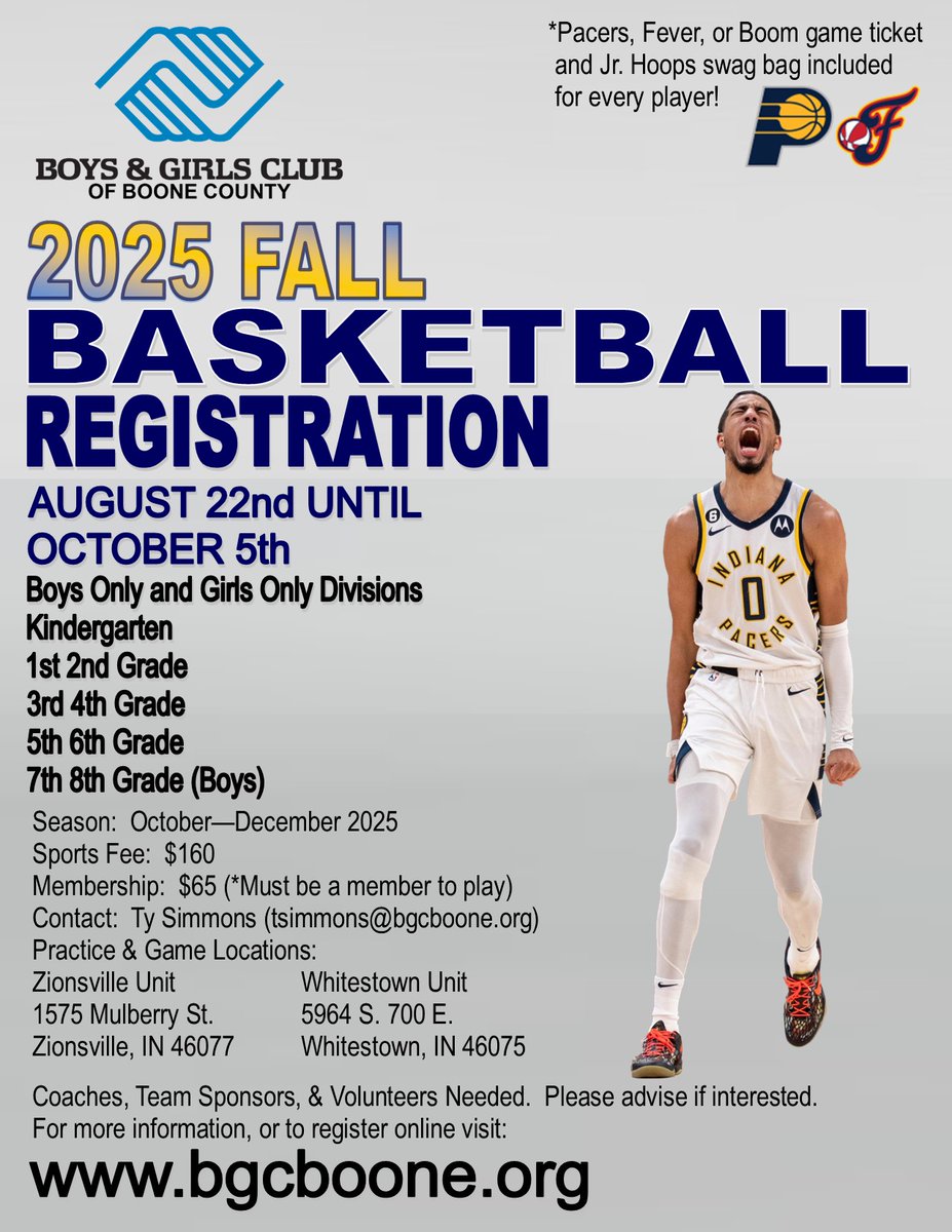 We have opened Fall Basketball enrollment for 7th 8th graders.  It's time to sign up!  Let's hoop!
bgcboone.org/sports/basketb…
#FallBasketball #Fever #Pacers #Boom #Zionsville #Whitestown