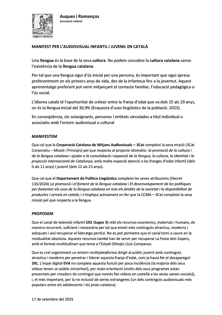 auquesiromancos's tweet photo. Amb data d'avui, 17 de setembre del 2025, publiquem el "Manifest per l'audiovisual infantil i juvenil en català".

Convidem totes les persones i entitats que hi estiguin d'acord, ens ho facin saber mitjançant missatge privat o correu a auquesiromancos@gmail.com https://t.co/D0VkrdjFbu