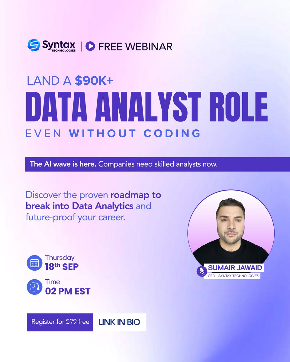 SyntaxTechs's tweet image. [FREE Registration Link: bit.ly/46pgitl ]

#dataanalytics #dataanalyticswebinar #datavisualization #webinar #webinars #datascience #datascientist #dataanalysis #dataanalysiswebinar #bigdata #dataanalyst #analytics #tableau #powerbi #artificialintelligence #datamining