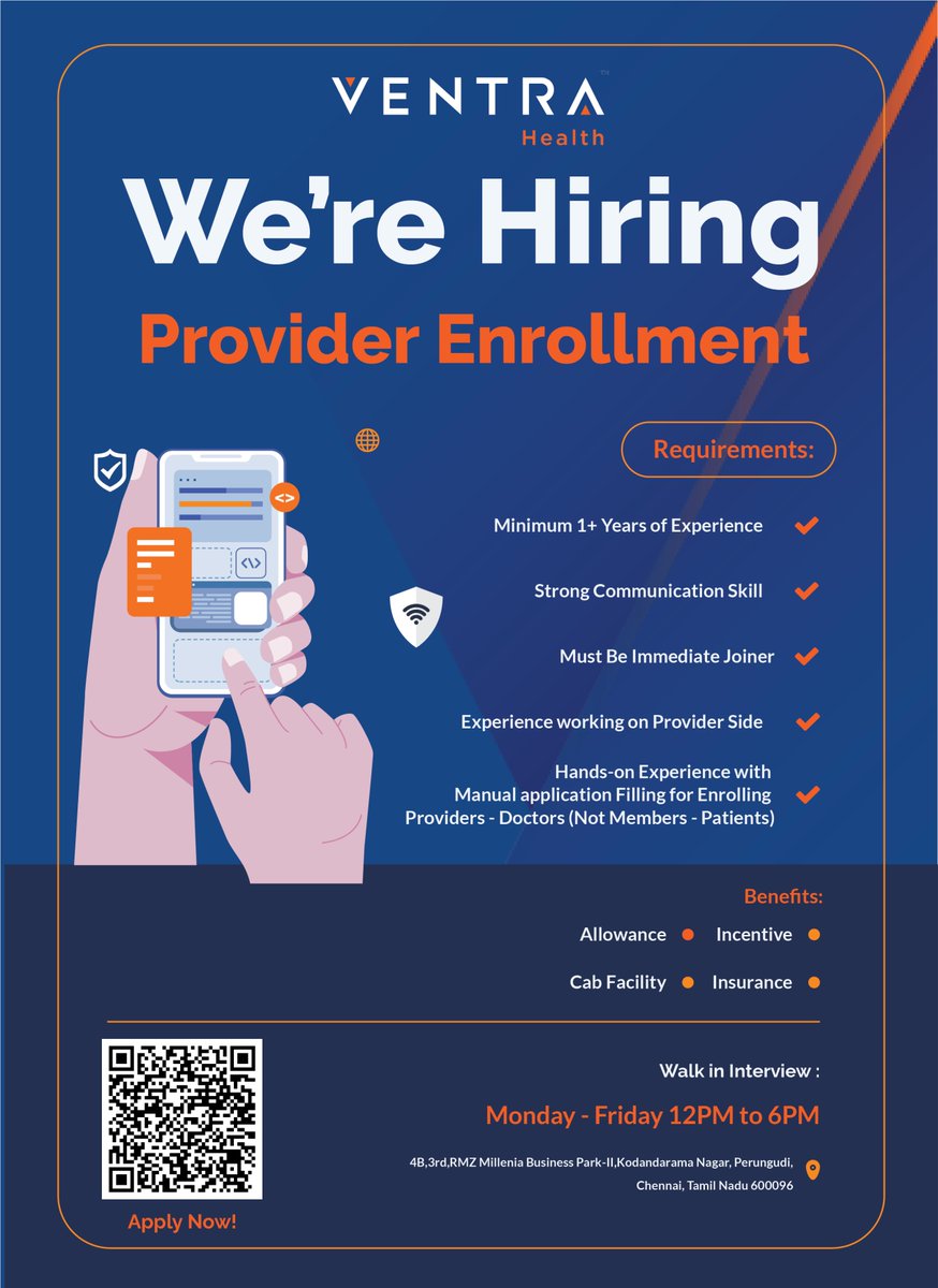 We're Hiring! Come join our growing Provider Enrollment team in Chennai. Apply today at hubs.ly/Q03JPHLn0.

#VentraHealth #RCM #IndiaJobs #IndiaHiring #ProviderEnrollment