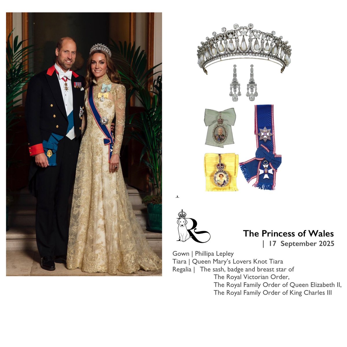 The Prince &amp; Princess of Wales  pose for a photo as they attend a State Banquet at Windsor Castle. 🇬🇧 🇺🇸 
#ThePrinceAndPrincessofWales #KateTheGreat 

The Princess is wearing a gown by Phillipa Lepley