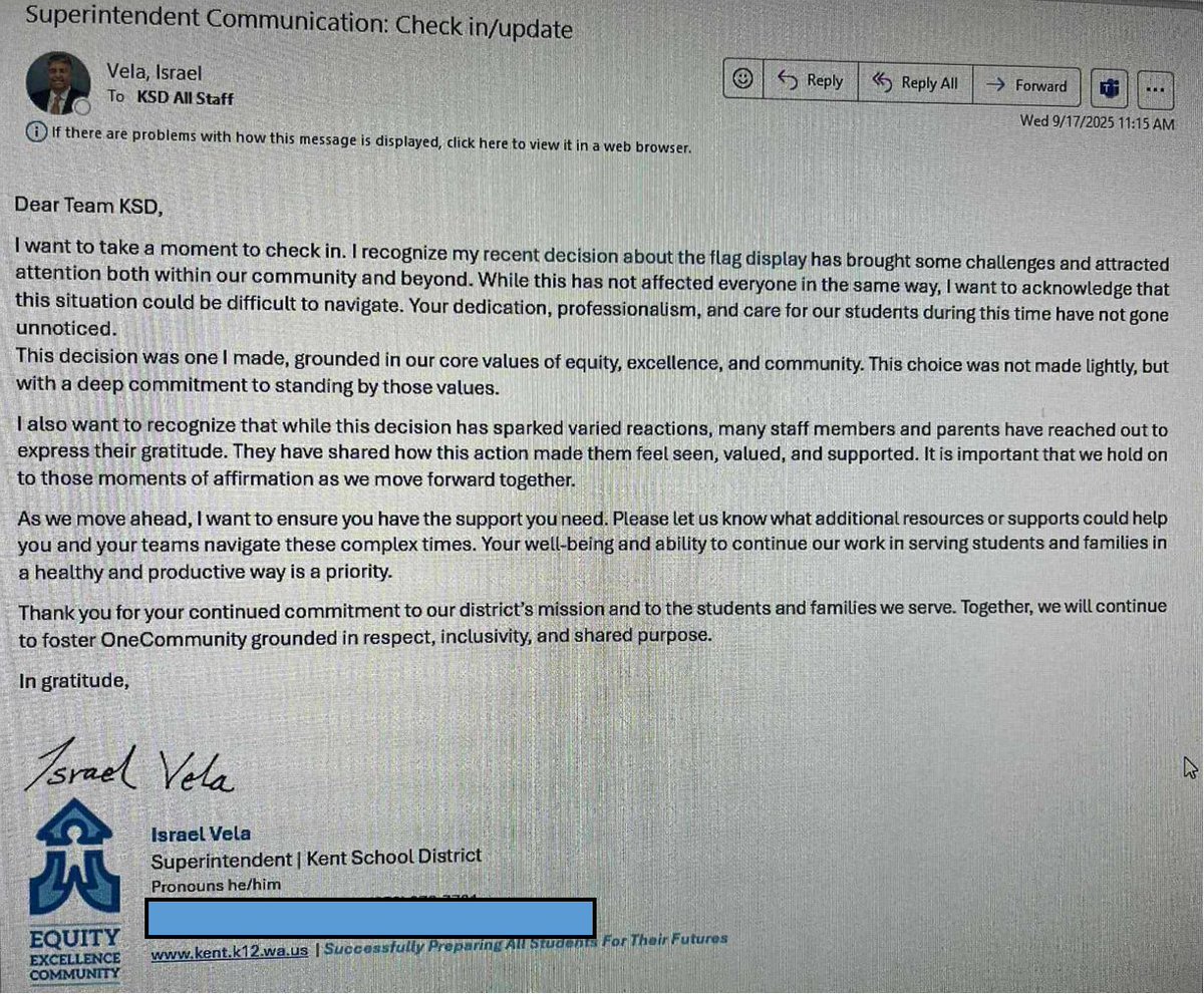 NEW: Israel Vela, superintendent of the Kent School District in WA, is doubling down on his unilateral decision to not lower the flags for the weekend as per the president's &amp; governor's orders

In an email to staff, he said the decision "was grounded in equity, excellence &amp;