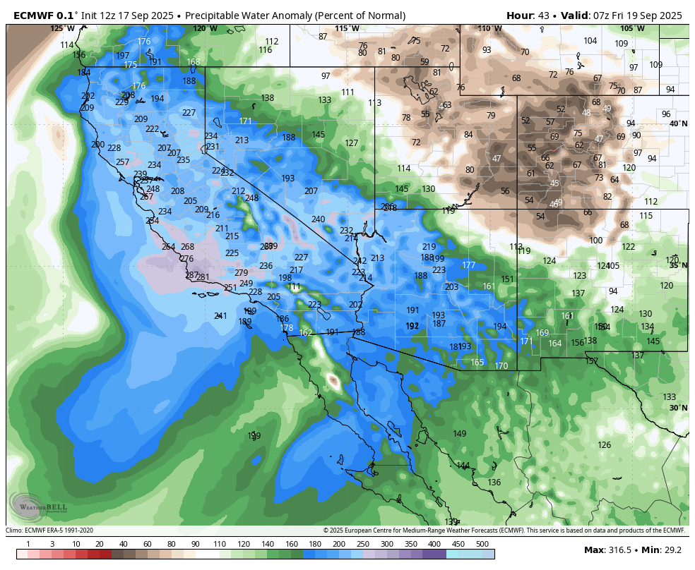 SeattleWXGuy's tweet photo. We've seen this act before, someone is going to get walloped with the remnants of Mario moving over California. HIghly variable precipitation amounts that could cause serious flooding for some areas. Also, another tropical system remnant moisture could move over California next week as well. Glad to see the NWS finally starting to get flood watches out. #cawx
