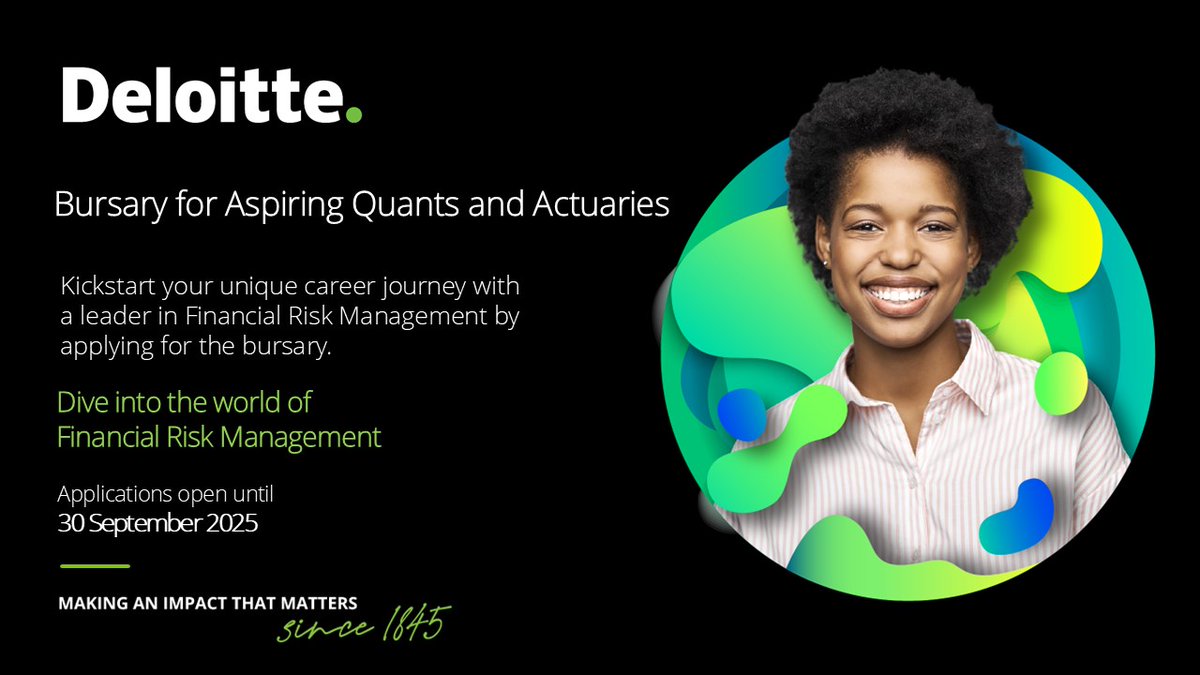 To all future quants! You are invited to apply for the 2026 Regulatory and Financial Risk Bursary and kickstart your career journey with Deloitte, a Global leader in Financial Risk Management. Applications close on 30 September 2025. 

Apply now: delo.tt/6016ArEYQ
➖
