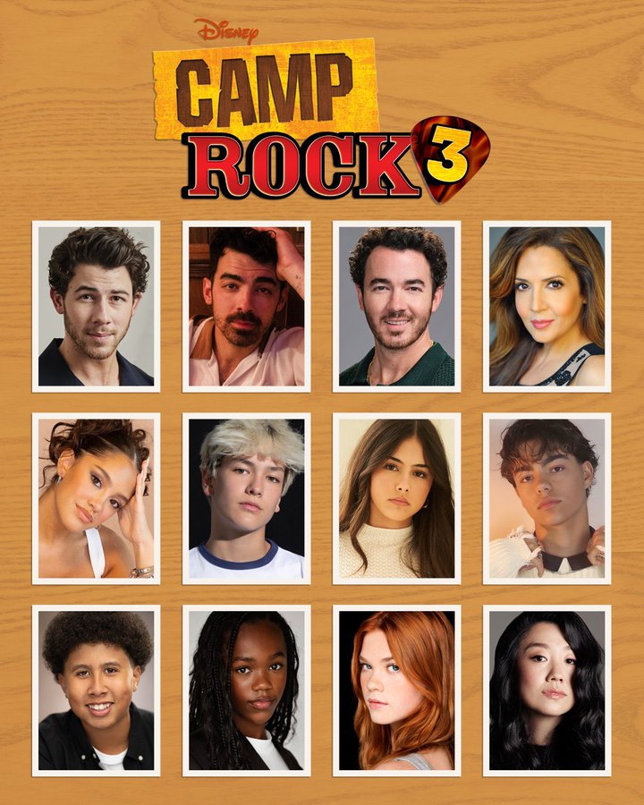 A poster with a wooden background displaying the title "CAMP ROCK 3" in bold yellow and red text. Below the title, twelve headshot photos of individuals are arranged in a grid. The individuals include Nick Jonas, Joe Jonas, Kevin Jonas, María Canals-Barrera, and Demi Lovato, among others. No watermarks from platforms like Instagram, TikTok, or Xiaohongshu are present.