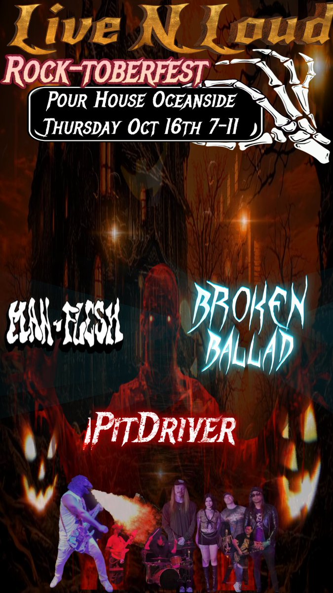 PitDriver's tweet photo. Thursday October 16th at the Pour House Oceanside California 7 - 11 PM 

Broken Ballad 
Man-Flesh
PitDriver 

Possibly the Wookalars 

#livemusic #pitdriver #metal #rock #music #fun #oceansideca #oceansidecalifornia #oceanside #pourhouseoceanside #pourhouse https://t.co/x8fZUWPemi