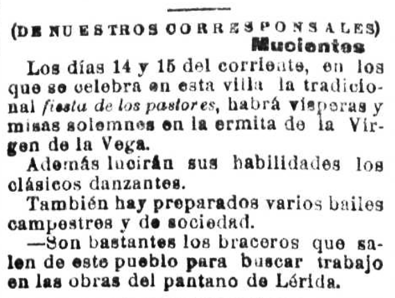 En #Mucientes, la cofradía de Pastores celebra su fiesta el domingo siguiente a la Natividad de la Virgen (8/IX). Históricamente, la función y vísperas solemnes de esa hermandad estaba relacionada con el día del Dulce Nombre de María (12/IX).
Imagen "Norte de Castilla" 13.9.1913