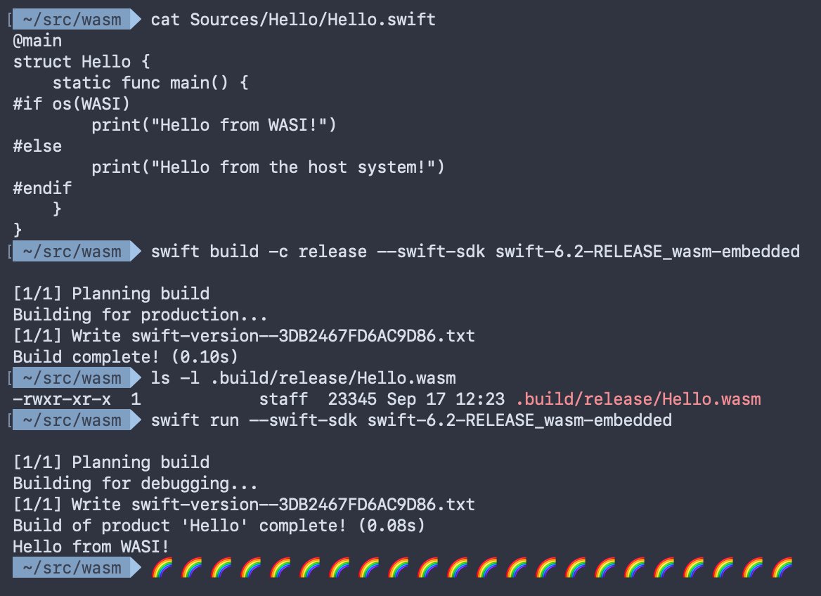 SwiftLang's tweet image. With ✨Swift 6.2 ✨, you can now target WebAssembly, including WASI support. Get started here: swift.org/documentation/… #Wasm
