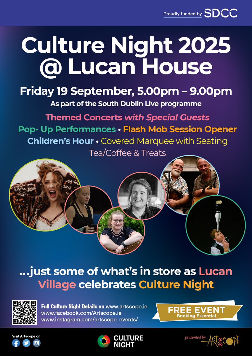 SDCCArts's tweet image. Join us for @CultureNight in #Lucan 

📍Lucan House 
🗓️19th September 2025 5-9pm 
🎪Flash Mob, Pop up Performances, Children’s Hour and lots more

Marquee covered seating 
Tea/coffee &amp;amp; treats! 

Free Event 

See full line up:
artscope.ie/culture-night-…

#CultureNight
