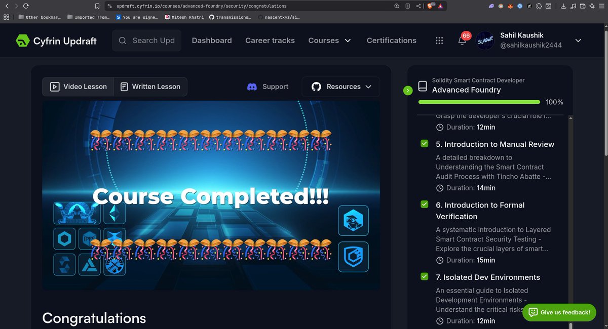 Sahil Kaushik (@sahilkaush33125) on Twitter photo Finished the Advanced Foundry Course <a href="/CyfrinUpdraft/">Cyfrin Updraft 🟩</a>
and ngl this was straight ALPHA
Massive respect to <a href="/PatrickAlphaC/">Patrick Collins</a> <a href="/CiaraNightingal/">Ciara Nightingale</a> for putting out this awesome content.
gonna cook projects now + Smart Contract Security Course 👾⚡
#DeFi #Web3 #Solidity #Foundry #Ethereum Finished the Advanced Foundry Course <a href="/CyfrinUpdraft/">Cyfrin Updraft 🟩</a>
and ngl this was straight ALPHA
Massive respect to <a href="/PatrickAlphaC/">Patrick Collins</a> <a href="/CiaraNightingal/">Ciara Nightingale</a> for putting out this awesome content.
gonna cook projects now + Smart Contract Security Course 👾⚡
#DeFi #Web3 #Solidity #Foundry #Ethereum
