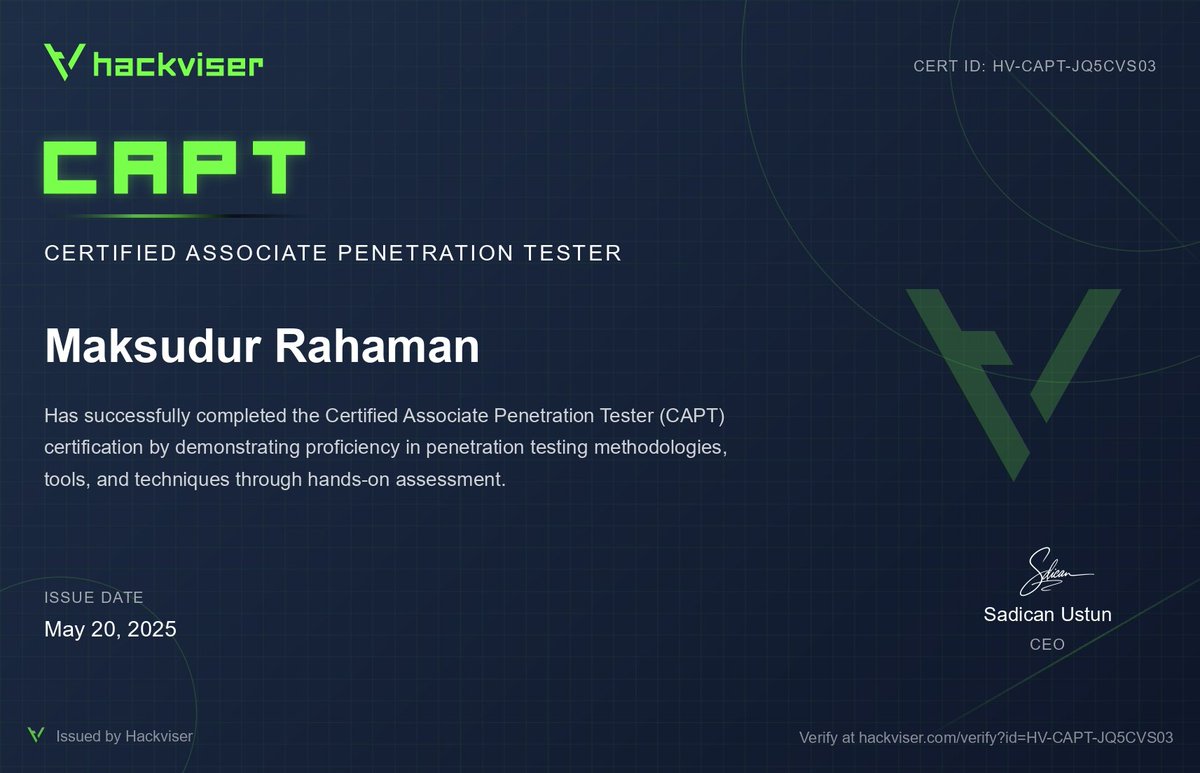 h4x0r3rr0r's tweet image. Completed the Certified Associate Penetration Tester (CAPT) certification from @hackviserr!
It was a hands-on, practical journey through web security, privilege escalation, OSINT, and real-world attack scenarios.
You can verify it here: hackviser.com/verify?id=HV-C…