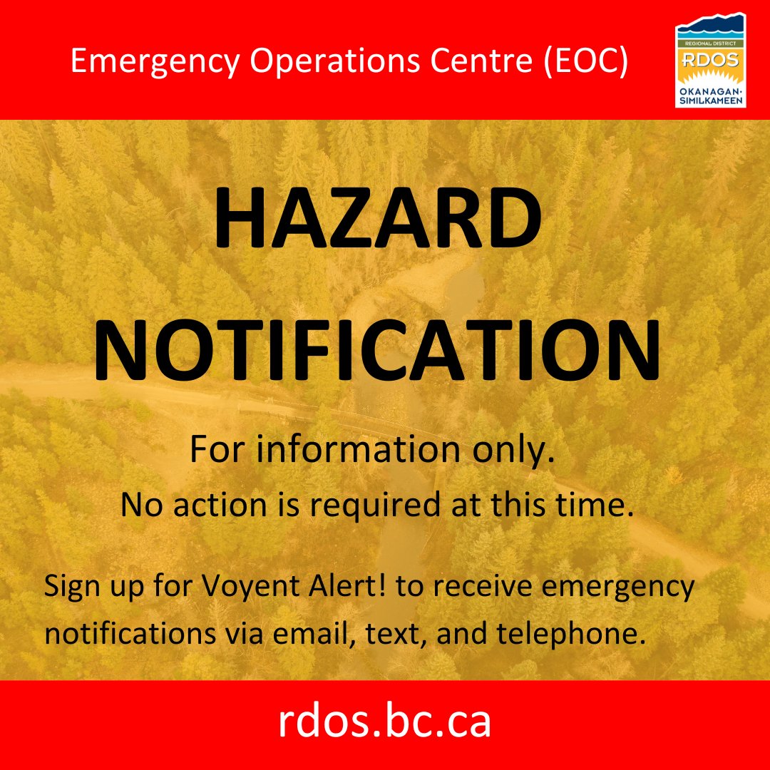 EOC Update: wildfire in Electoral Area "G" Wednesday, Sept. 17, 2025, 12:30 pm

BC Wildfire Service crews are responding. The RDOS Emergency Operations Centre (EOC) is monitoring. No further action is required. 

More info: rdos.bc.ca/newsandevents/…