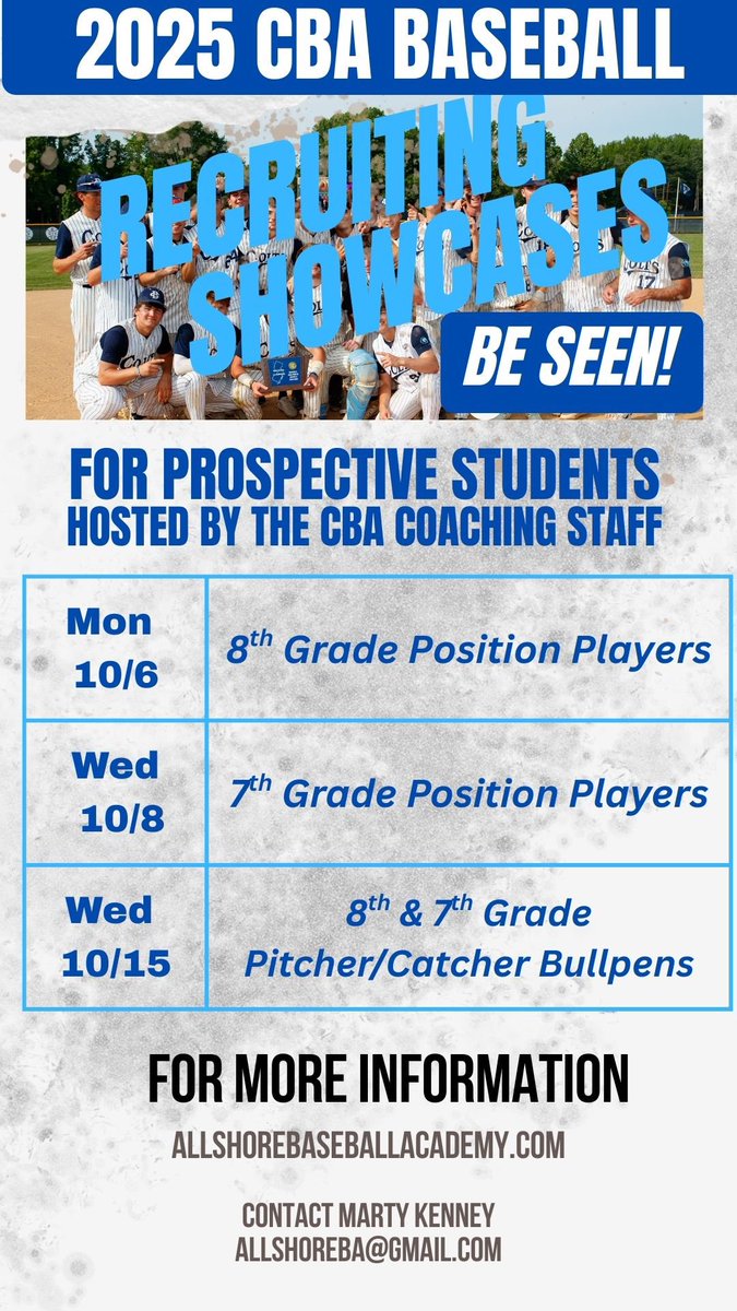 CBA Colts Baseball (@cbacoltsbase) on Twitter photo The RECRUITING SHOWCASES are a great way to be exposed to our coaching staff and program. 
These programs are highly recommended if you are thinking about attending CBA and playing baseball. The RECRUITING SHOWCASES are a great way to be exposed to our coaching staff and program. 
These programs are highly recommended if you are thinking about attending CBA and playing baseball.