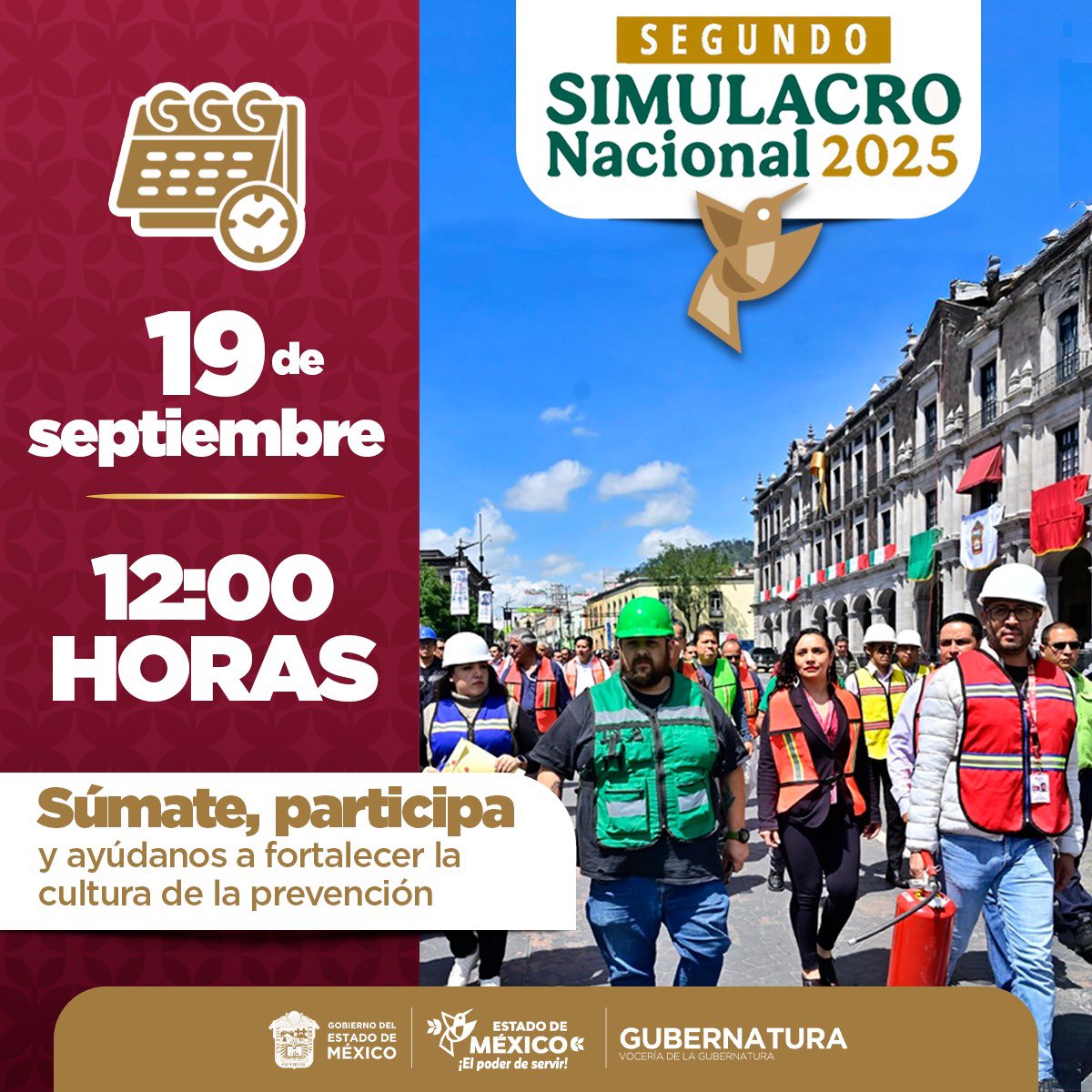 🚨 Las y los invito a participar en el #SegundoSimulacroNacional2025.
El 19 de septiembre a las 12:00 horas se activará la #AlertaSísmica.

📌 Recuerden: conservar la calma, identificar la ruta de evacuación y ubicar una zona segura.
#ElPoderDeServir