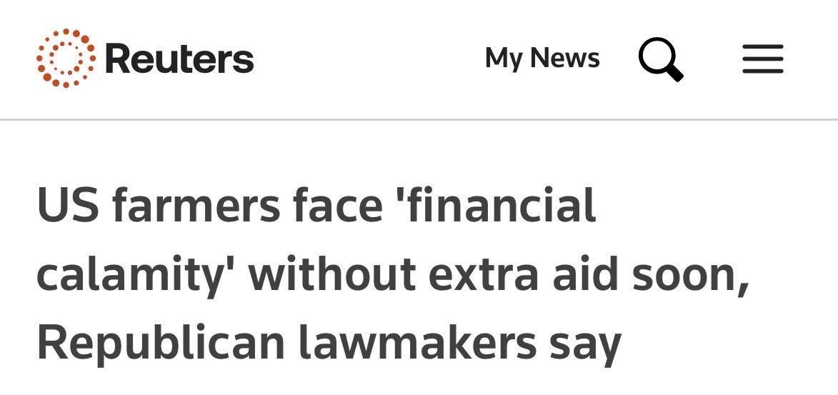 Family farms can’t survive on government checks forever.

Tariffs are taxes, and they’re crushing American ag. Congress should use their authority to deliver real relief: roll back the trade barriers driving family farms toward the brink.

reuters.com/world/us/us-fa…