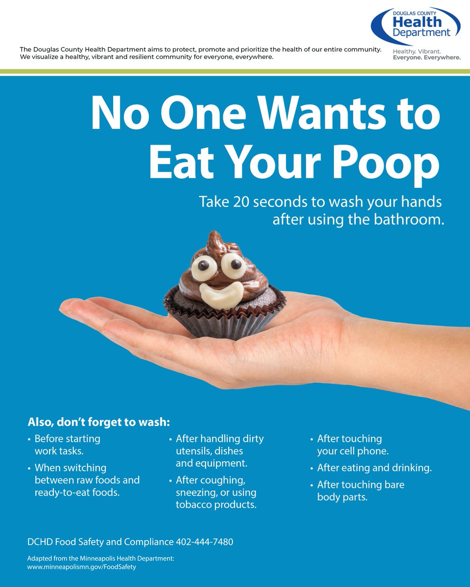 Don't forget to wash those hands: No one wants to eat your poop!

Take 20 seconds to wash your hands after using the bathroom and before you prepare food. #FoodSafetyEducationMonth