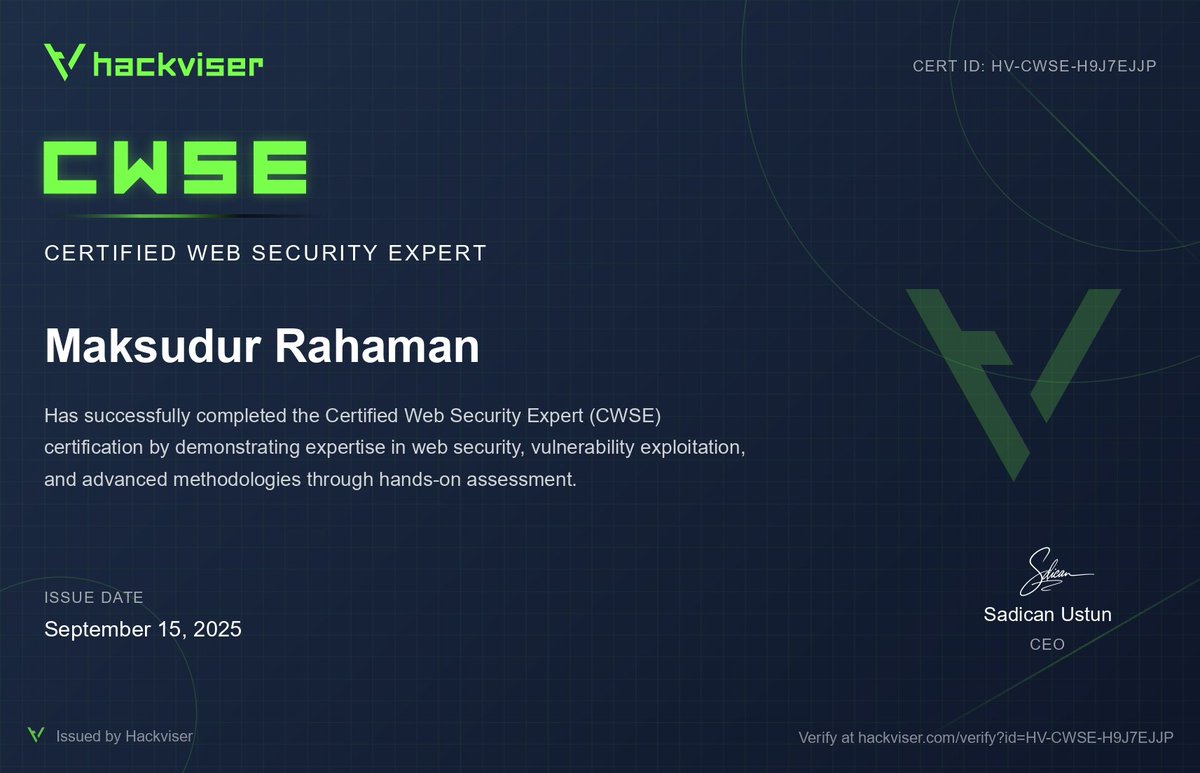 h4x0r3rr0r's tweet image. Completed the Certified Web Security Expert (CWSE), another certification from @hackviserr! 
You can verify it here: hackviser.com/verify?id=HV-C…