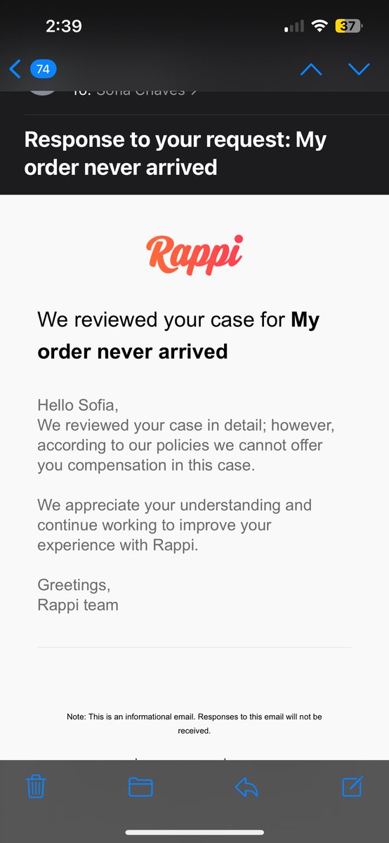 lsofiachaves's tweet photo. Hola @RappiColombia me robaron el pedido hace tres días, me quedé esperando la respuesta y hoy me llega esto. No entiendo por qué no se puede hacer la compensación, pueden verificar la conversación con el Rappi y las veces que intente contactarlo con éxito alguno. https://t.co/0UNUJncXYq